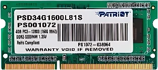 Оперативная память Patriot Memory for Ultrabook 4GB DDR3 SO-DIMM PC3-12800 (PSD34G1600L81S)