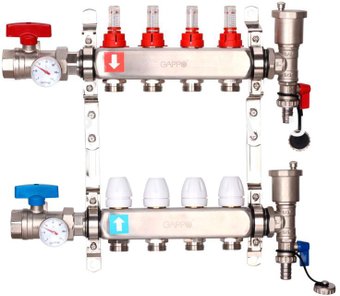 Запорная арматура Gappo Коллектор регулируемый с расходомерами G422.4 4-вых. x1"x3/4"