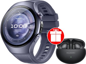 Умные часы Huawei Watch 5 46 мм (фиолетовый, с фиолетовым силиконовым ремешком, международная версия) + наушники Huawei FreeBuds 6i по акции