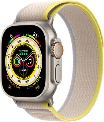 Умные часы Apple Watch Ultra LTE 49 мм (титановый корпус, титановый/желто-бежевый, нейлоновый ремешок размера S/M)