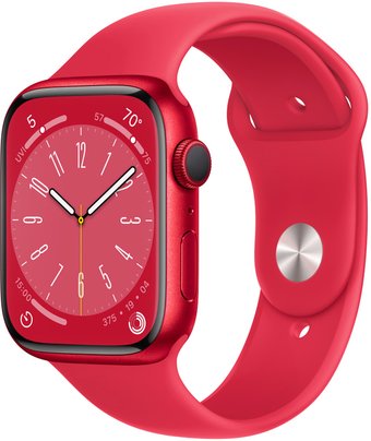 Умные часы Apple Watch Series 8 45 мм (алюминиевый корпус, красный/красный, спортивный силиконовый ремешок S/M)