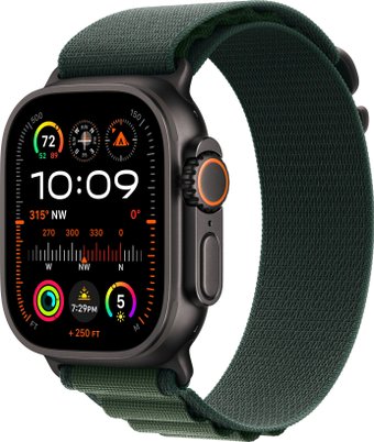Умные часы Apple Watch Ultra 2 LTE 49 мм (титановый корпус, черный/темно-зеленый, ремешок из полиэстера S)