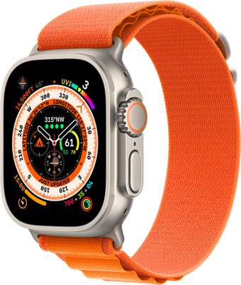 Умные часы Apple Watch Ultra LTE 49 мм (титановый корпус, титановый/оранжевый, текстильный ремешок размера M)