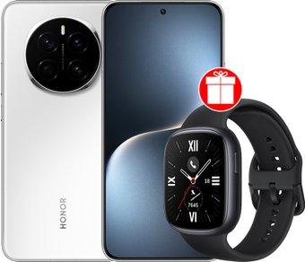 Телефон HONOR Magic7 12GB/256GB международная версия (ледяной белый) + умные часы HONOR Watch 4 (черный) по акции