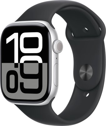 Умные часы Apple Watch Series 10 46 мм (алюминиевый корпус, серебристый/черный, спортивный силиконовый ремешок S/M)