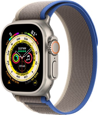 Умные часы Apple Watch Ultra LTE 49 мм (титановый корпус, титановый/сине-серый, нейлоновый ремешок размера S/M)