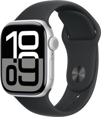 Умные часы Apple Watch Series 10 42 мм (алюминиевый корпус, серебристый/черный, спортивный силиконовый ремешок S/M)