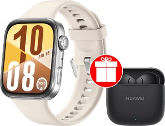 Умные часы Huawei Watch FIT 4 (серебристый, с бежевым силиконовым ремешком, международная версия) + наушники Huawei FreeBuds SE 2 по акции