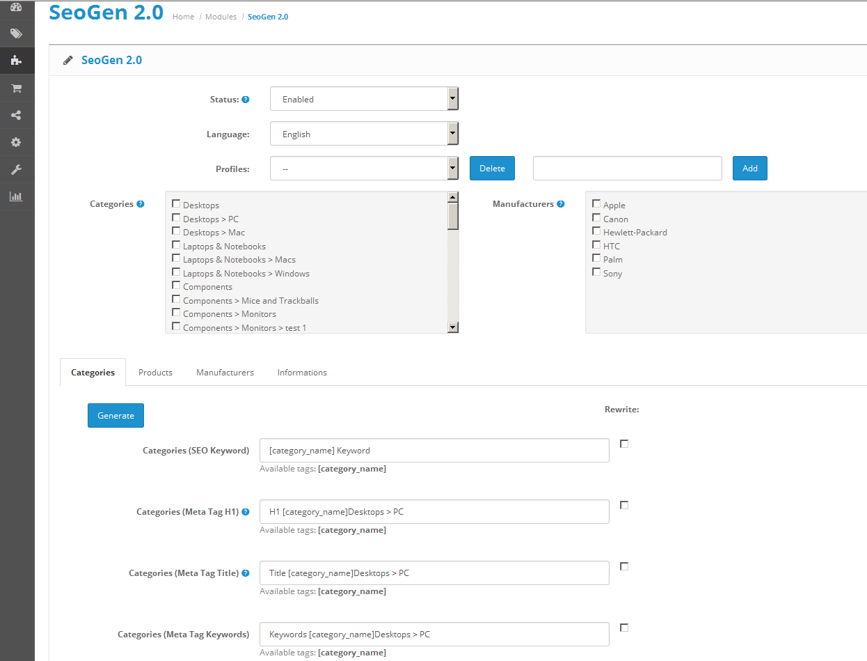 Модуль SeoGen 2.0.8 для ocStore/Opencart 2.x