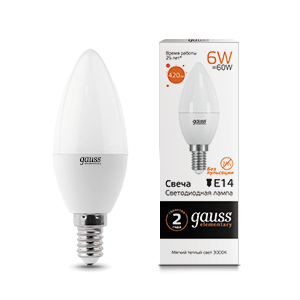 Лампа Gauss Elementary LED свеча 6W E14 2700K