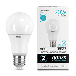 Лампа Gauss Elementary LED A60 20W E27 4100K 1/10/40