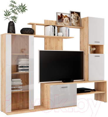 Стенка МебельЭра Данко (дуб вотан/белый глянец)