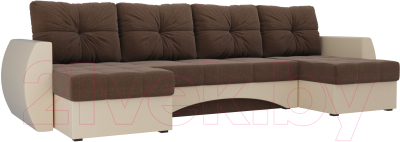 Диван П-образный Mebelico Сатурн / 100998 (рогожка коричневый/экокожа бежевый)