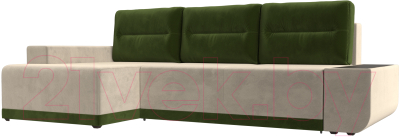 Диван угловой Лига Диванов Чикаго левый / 110746 (микровельвет бежевый/подушки зеленые)