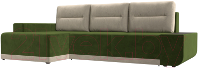 Диван угловой Лига Диванов Чикаго левый / 110750 (микровельвет зеленый/подушки бежевые)