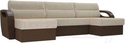 Диван П-образный Лига Диванов Форсайт / 100816 (микровельвет бежевый/коричневый)