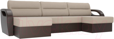 Диван П-образный Лига Диванов Форсайт / 100827 (рогожка бежевый/экокожа коричневый)