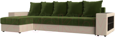 Диван угловой Mebelico Дубай 88 левый / 59643 (микровельвет зеленый/экокожа бежевый)