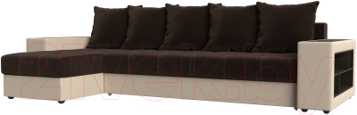 Диван угловой Mebelico Дубай 88 левый / 59644 (микровельвет коричневый/экокожа бежевый)