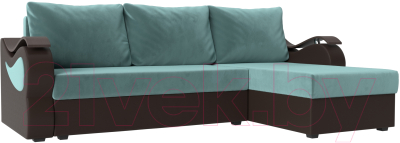 Диван угловой Mebelico Меркурий лайт правый (велюр бирюзовый/экокожа коричневый)