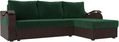 Диван угловой Mebelico Меркурий лайт правый (велюр зеленый/экокожа коричневый)
