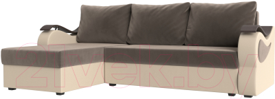 Диван угловой Mebelico Меркурий лайт левый (велюр коричневый/экокожа бежевый)