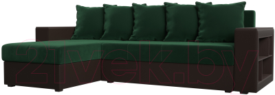 Диван угловой Mebelico Дубай лайт левый (велюр зеленый/экокожа коричневый)