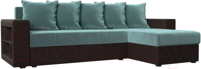 Диван угловой Mebelico Дубай лайт правый (велюр бирюзовый/экокожа коричневый)