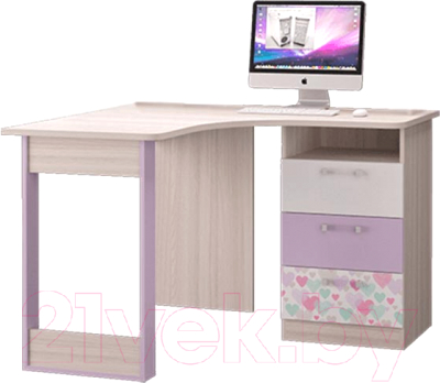 Письменный стол MLK Адель угловой (ясень шимо светлый/ирис/белый/фотопечать)